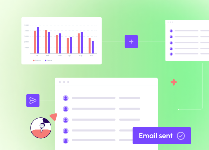 Illustration of email marketing for agencies with graphs, contacts, and “Email sent” confirmation on green gradient background.