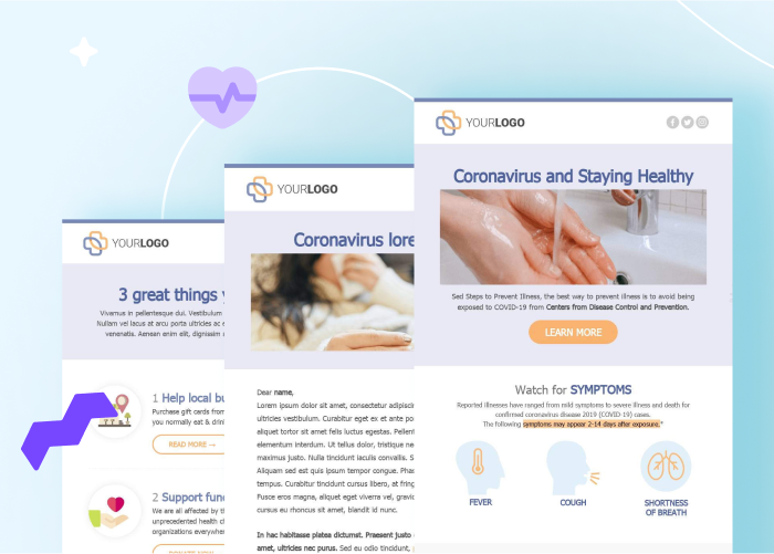 Healthcare email marketing templates with COVID-19 safety tips, symptom awareness, and wellness strategies for patient communication.