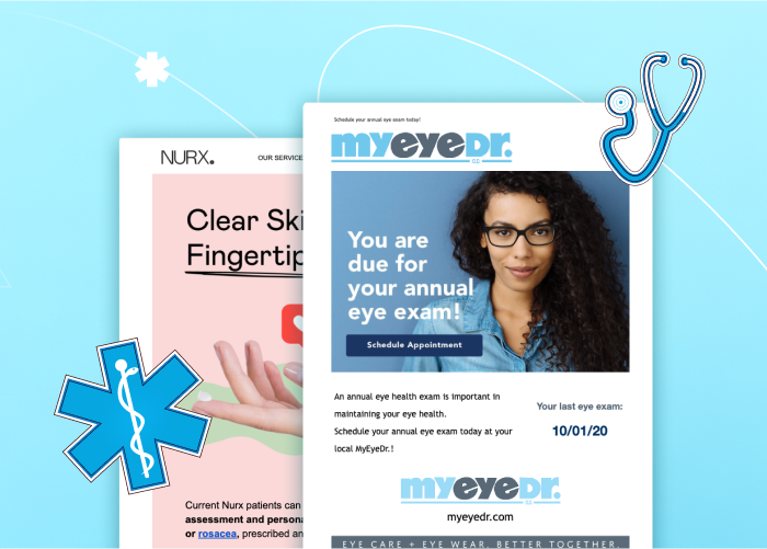 Reminder email for annual eye exam from MyEyeDr with a smiling woman wearing glasses; Nurx skin care email partially visible.