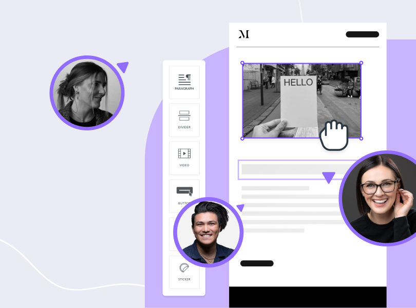 Team collaboration on email design interface with drag-and-drop editor, optimizing agency email marketing ROI and engagement.