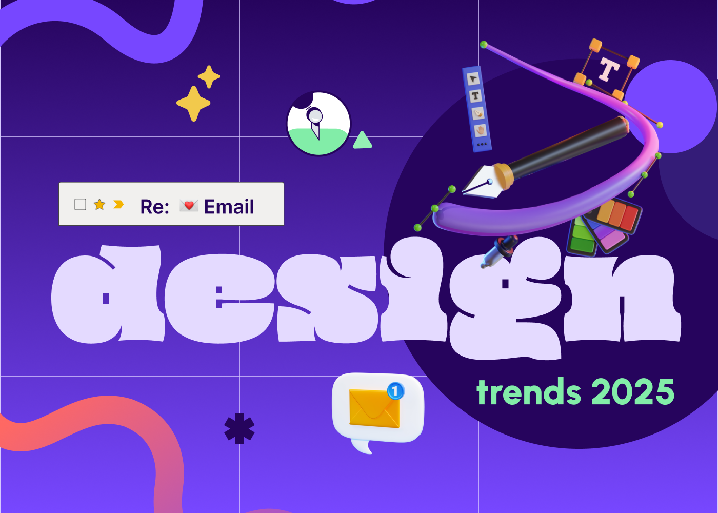 Design trends 2025 graphic: Purple gradient grid titled ‘design’, swirling pen-nib curve, color swatches, email reply UI element, and ‘trends 2025’ label