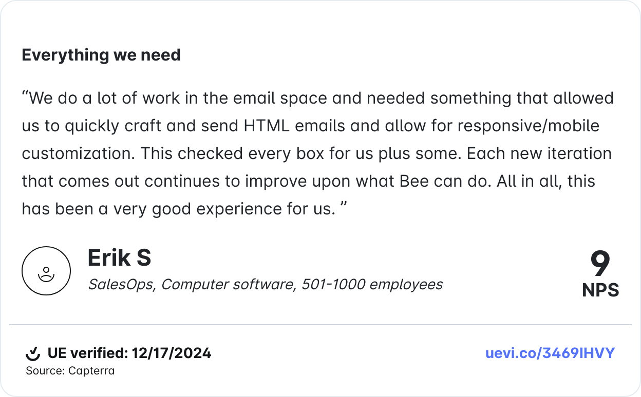 Customer testimonial praising Bee for responsive HTML emails and customization, rated 9 NPS by Erik S from SalesOps.