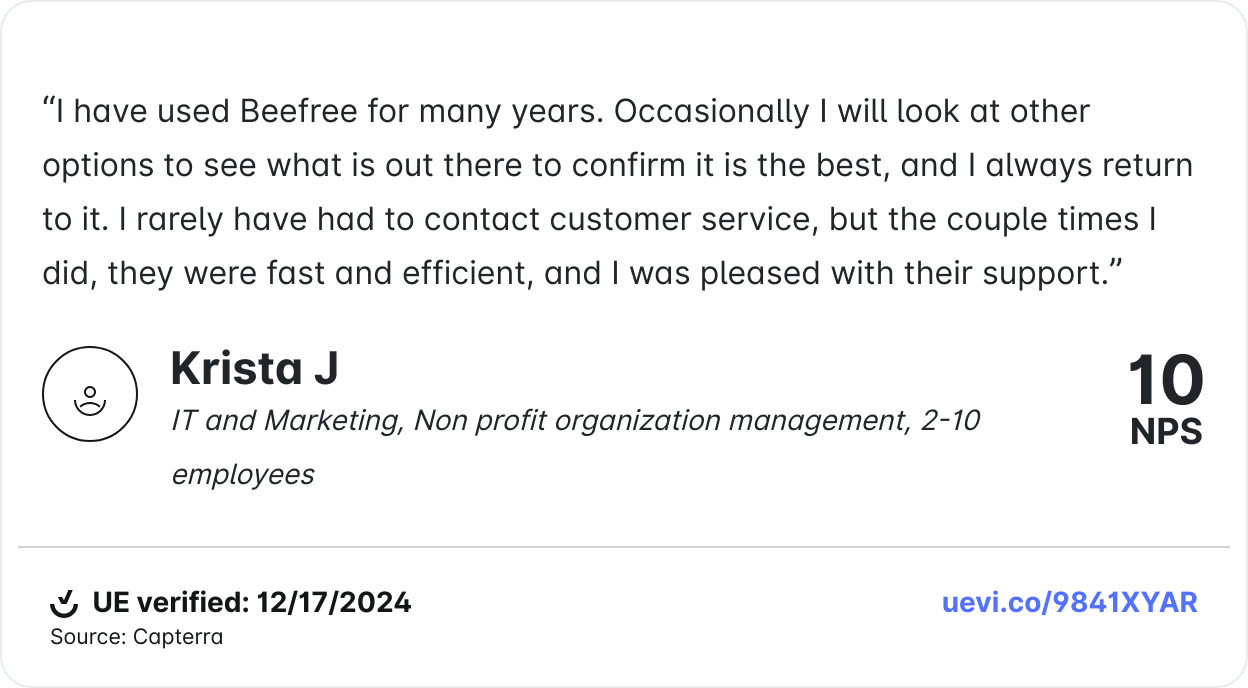 Krista J says Beefree is her go-to tool for years, praises its support, and gives it a perfect 10 NPS score.