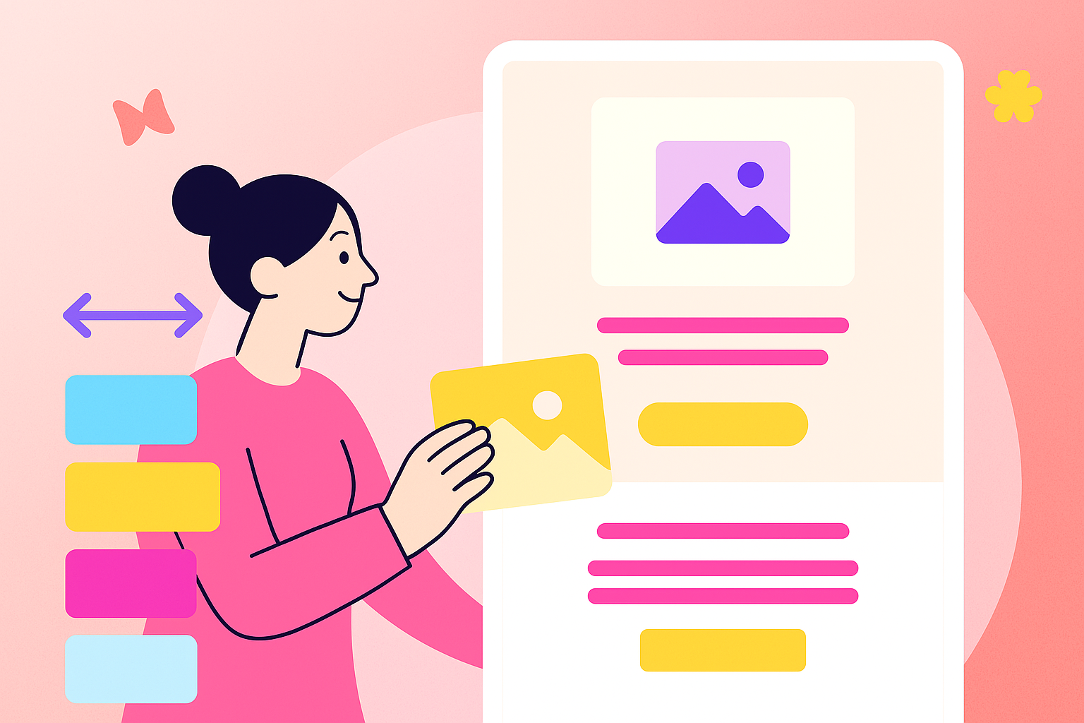 Illustration of a person designing an email with drag-and-drop blocks, representing how to use BEE Pro with Pardot.