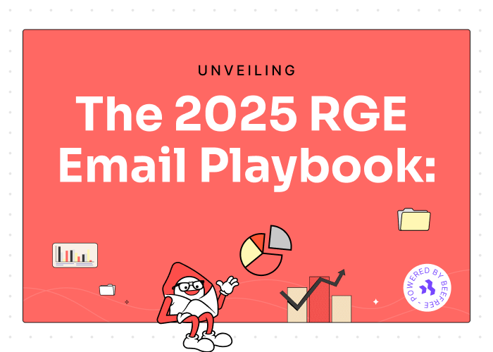 Coral background slide titled “The 2025 RGE Email Playbook” featuring a cartoon envelope mascot, pie chart, bar/line graph, and folder icon.