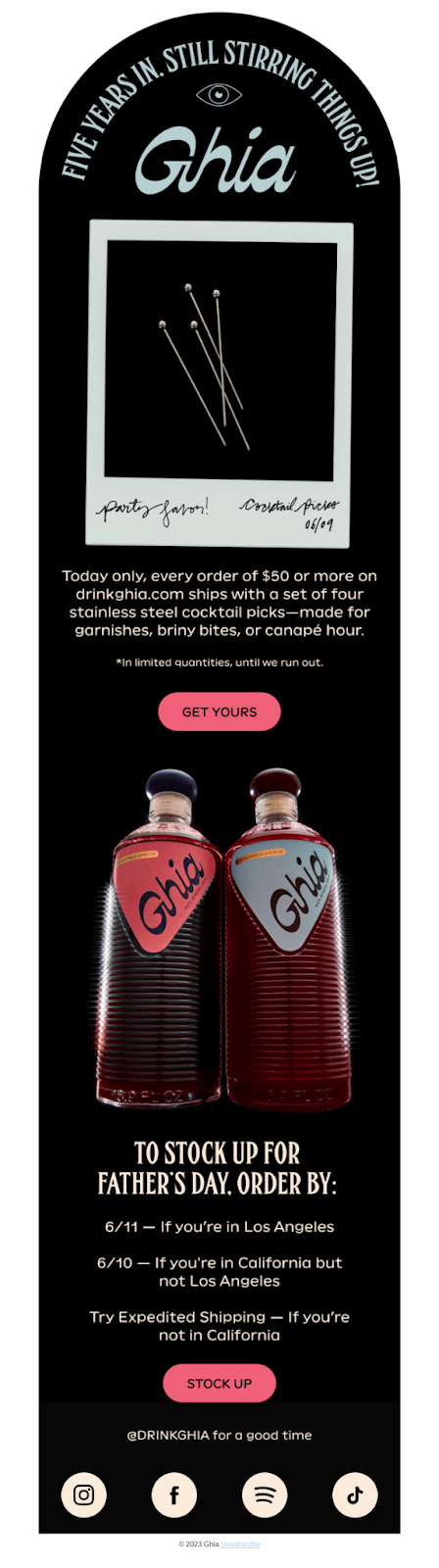 Ghia Father’s Day promo with cocktail picks and two bottles of aperitif against a black background.