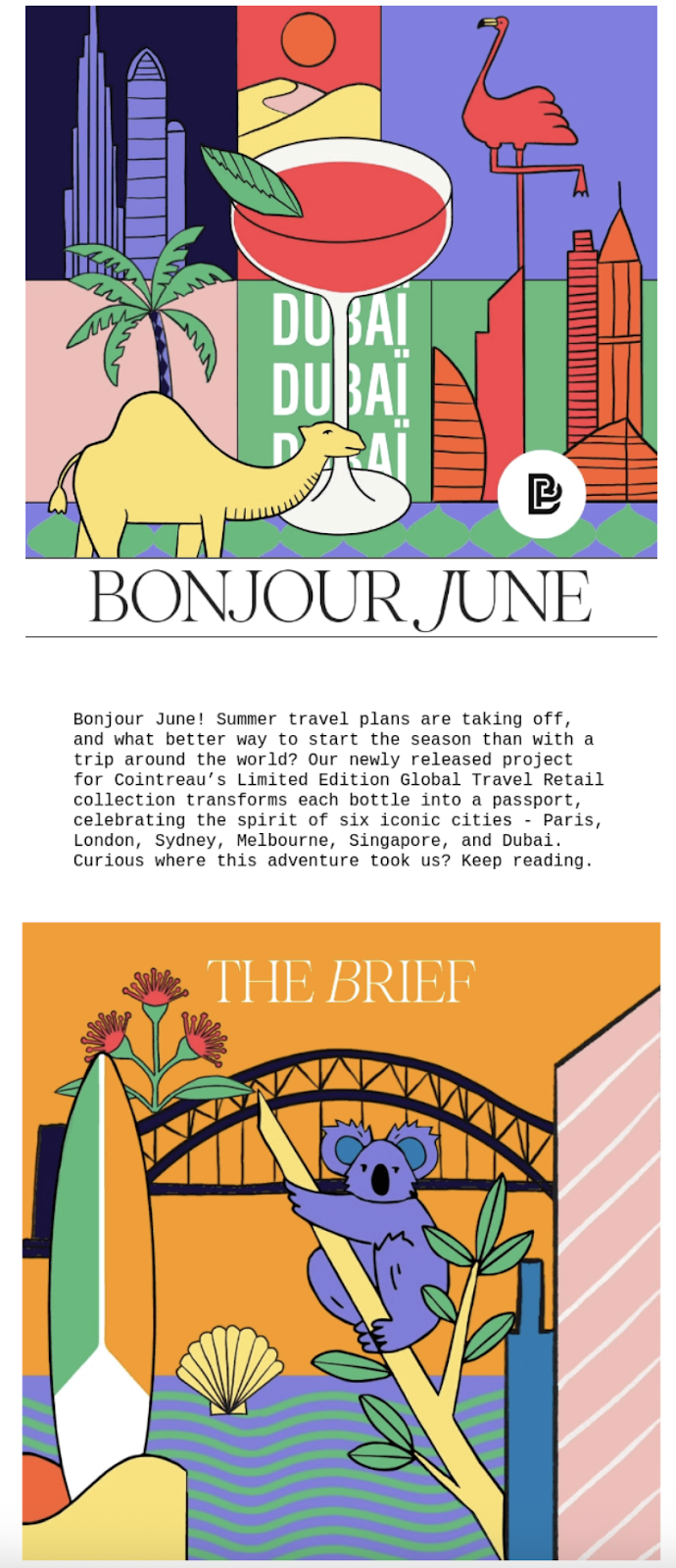 Colorful travel-themed newsletter featuring Dubai skyline, camel, koala, and Sydney Harbour Bridge.