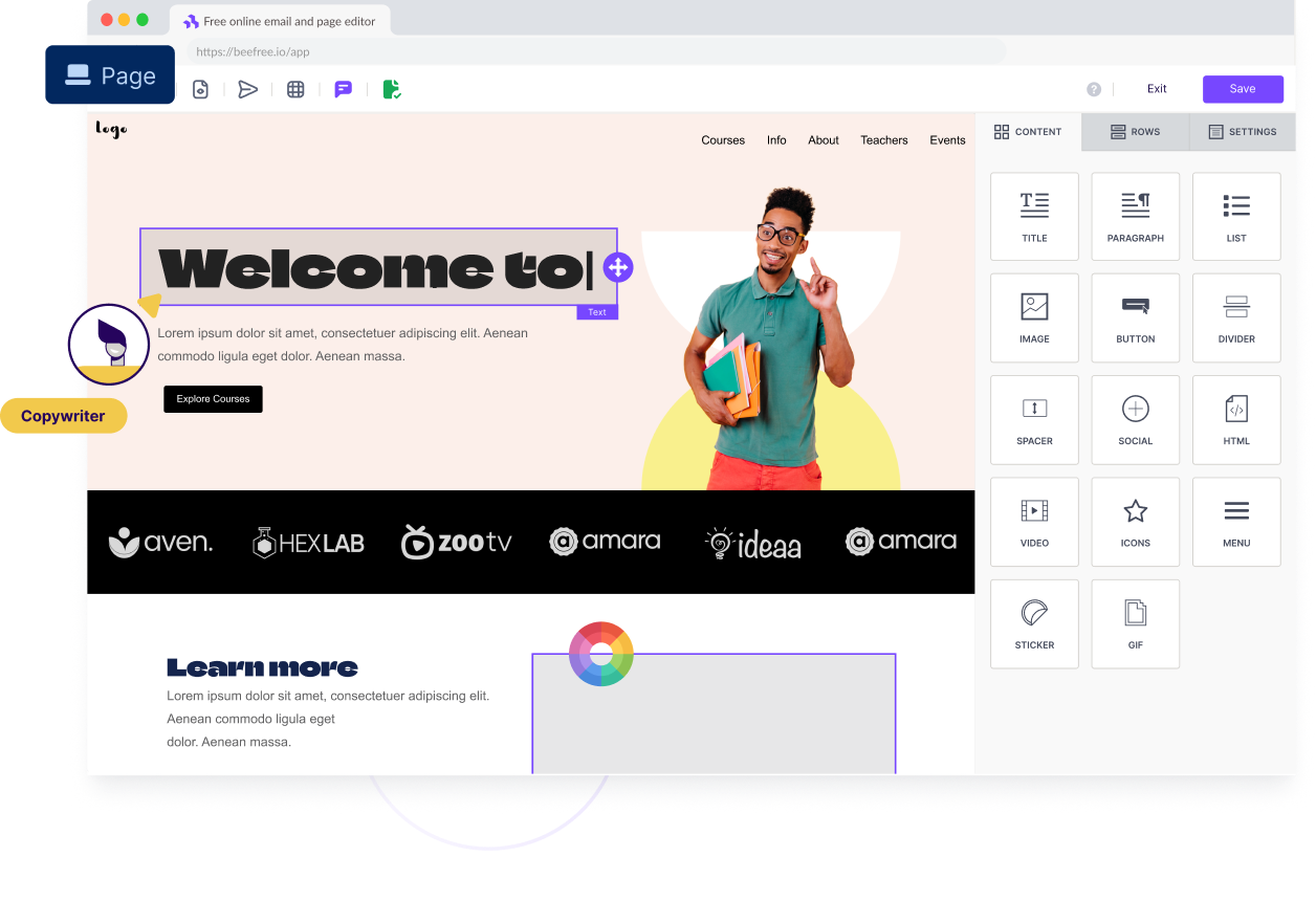 Drag-and-drop landing page builder from BeeFree used to design high-converting real estate marketing pages.