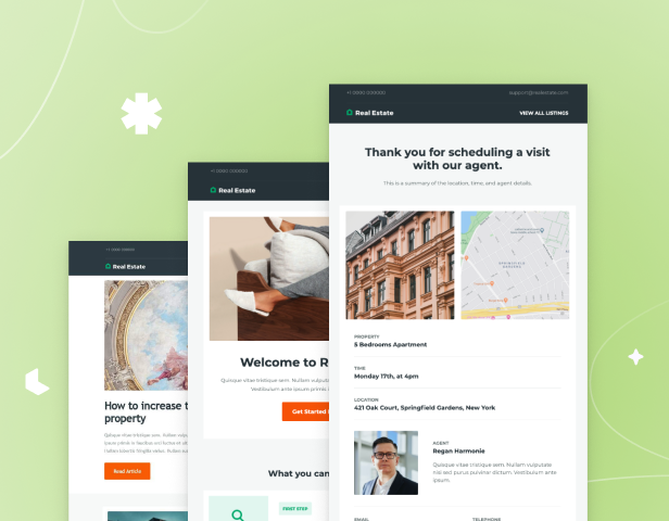 Beefree real estate landing page and email templates for scheduling visits, promoting properties, and driving property lead generation.