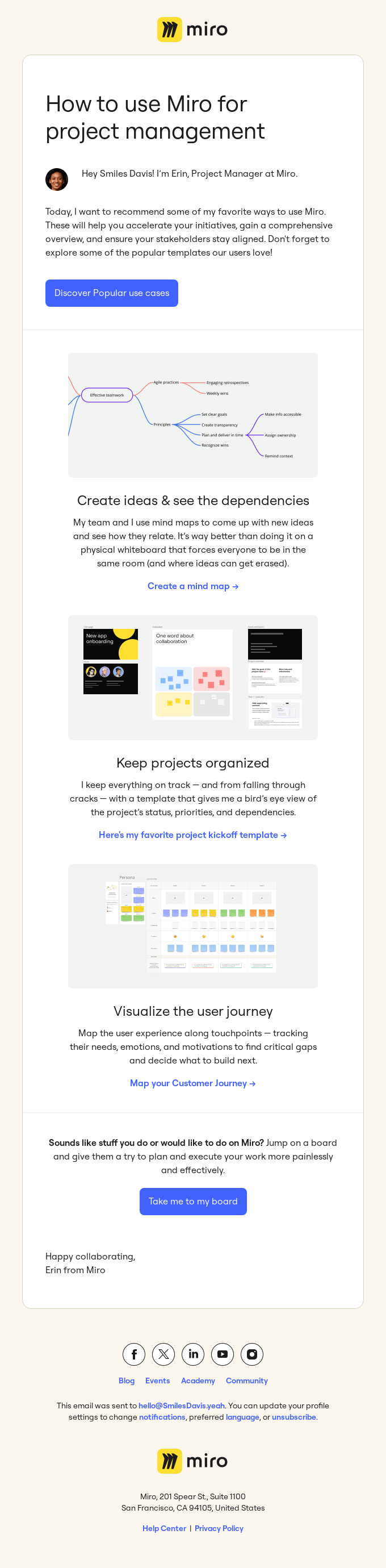 Miro product features email. This email is sent from a project manager, making it relevant to Miro users, people using the platform to develop projects.