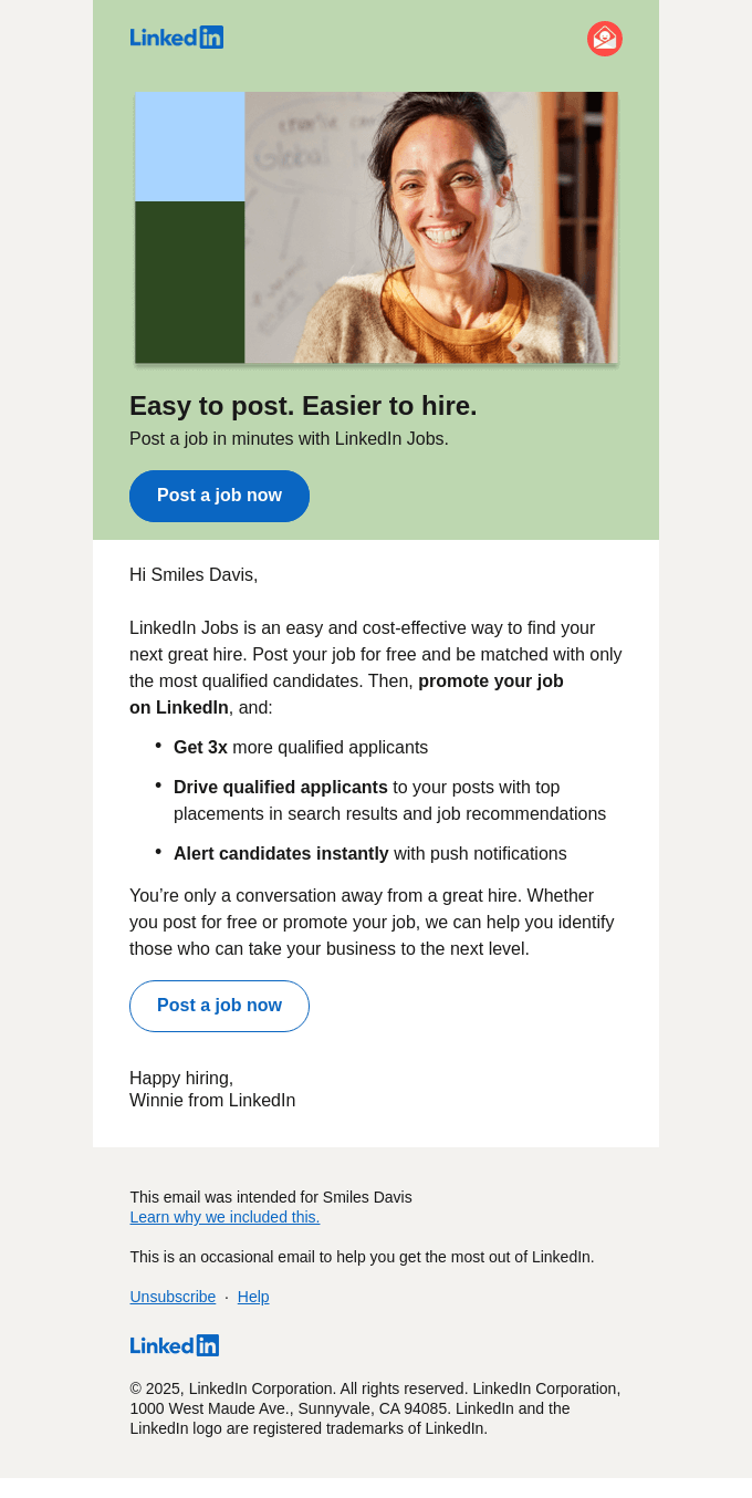 LinkedIn’s email about posting and promoting jobs