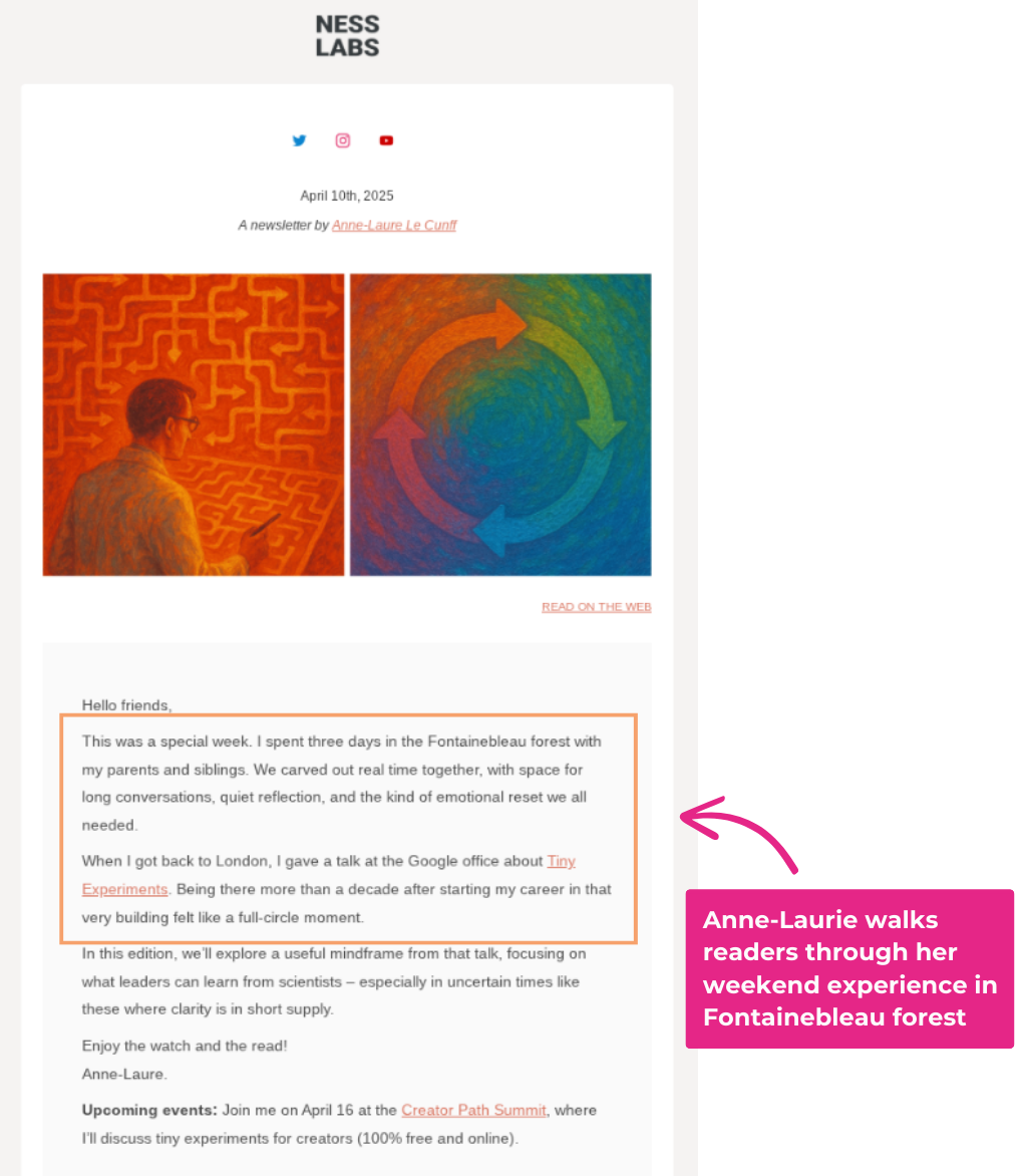 Anne‑Laure Le Cunff’s newsletter leads with a story about three days with her family in the forest.